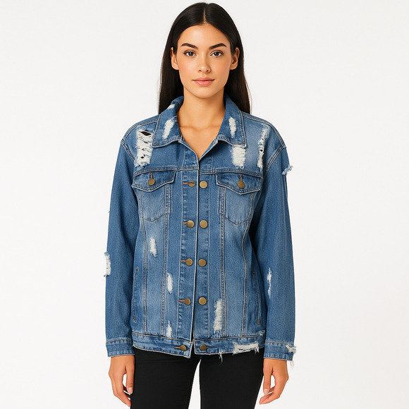 Mono B Jackets & Blazers - Mono B Longline Denim Jacket Women’s Large Distressed Destroyed Blue Jean Coat
